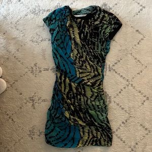 DVF form-fitting mini dress. Bright blue, yellow and green silk rouching.